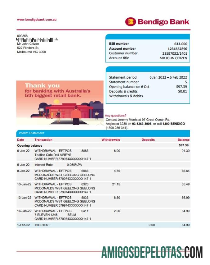 Extrato bancário realista da Austrália Bendigo, modelo fácil de preencher em formato Excel e PDF, 2 páginas